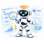 Robot mascot with a magnifying glass over search results, for SEO and AI visibility tools