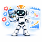 Robot mascot holding a phone with likes and a growth chart, for social media and creator growth tools