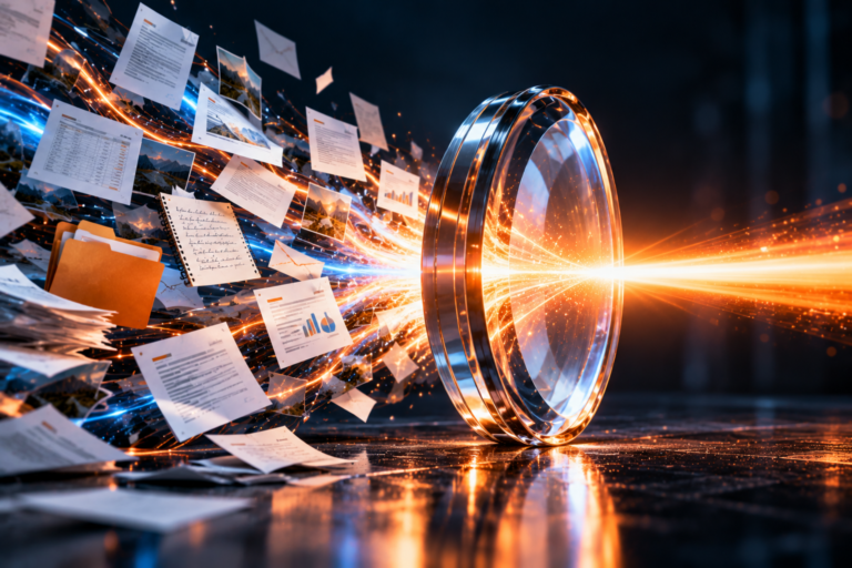 A glass lens gathering scattered documents, emails and notes and focusing them into one bright orange beam