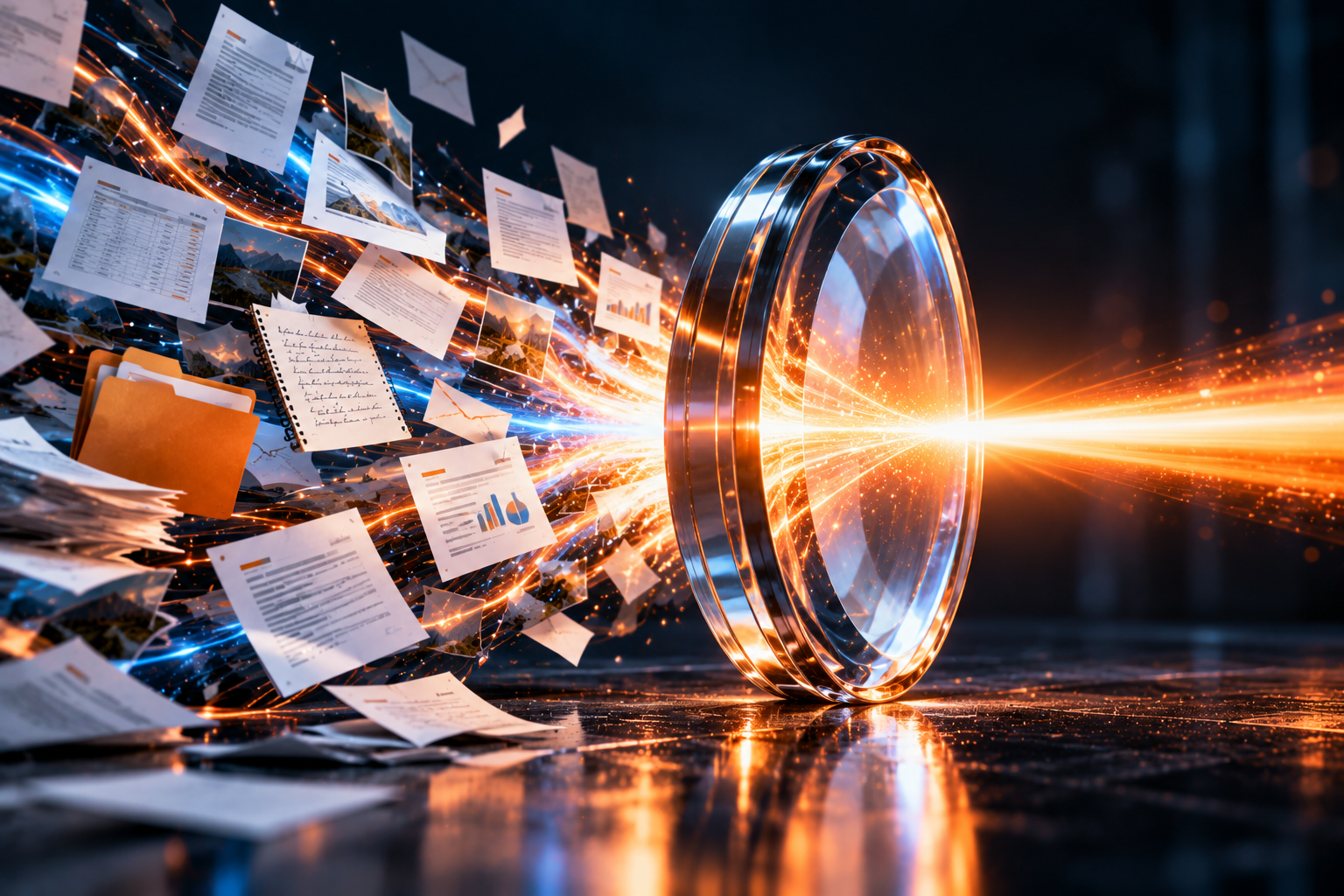 A glass lens gathering scattered documents, emails and notes and focusing them into one bright orange beam