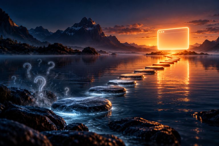 A path of glowing stepping stones crossing dark water towards a warm, glowing chat window, with faint question marks fading behind